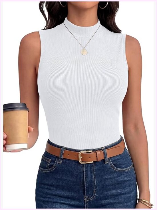 Tops - Mock Neck Tank Top Ribbed Knit Sleeveless Slim Fit Summer Basic Layer Tops